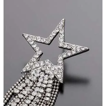 Women’s Tassel Earrings Star Ear Stud Pave Crystal Dangle Earrings Boho Waterfall Beaded Fringe Drop Earring (silver)