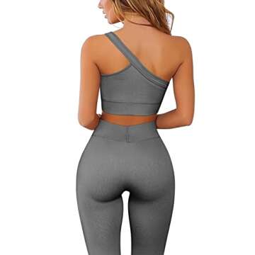 ABOCIW Seamless Ribbed Workout Sets Women 2 Piece GMY Yoga One Shoulder Sport BraTummy Control High ...