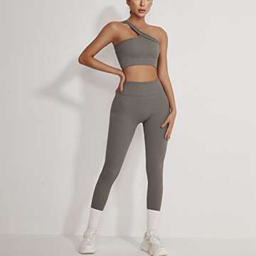 ABOCIW Seamless Ribbed Workout Sets Women 2 Piece GMY Yoga One Shoulder Sport BraTummy Control High Waist Leggings Sets Exercise Tracksuit Gray Large