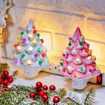 Brightown 2 Pack Valentine's Day Ceramic Christmas Tree Night Light - Cheerful 6" Decorative Lights ...