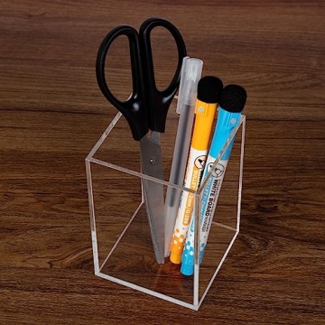 HIIMIEI Acrylic Pen Holder, Desk Accessories Pencil Cup For Pen Marker Ruler Eraser, Clear Acrylic Makeup Organizers For Makeup Brush, Nail Polish, Tweezers, Eye Black, Eyeliner(3x3x4.4, 2 Cubes)