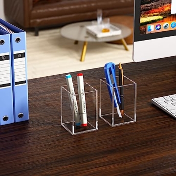 HIIMIEI Acrylic Pen Holder, Desk Accessories Pencil Cup For Pen Marker Ruler Eraser, Clear Acrylic Makeup Organizers For Makeup Brush, Nail Polish, Tweezers, Eye Black, Eyeliner(3x3x4.4, 2 Cubes)