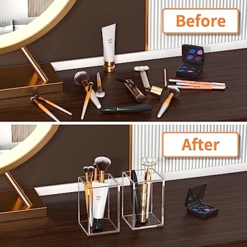 HIIMIEI Acrylic Pen Holder, Desk Accessories Pencil Cup For Pen Marker Ruler Eraser, Clear Acrylic Makeup Organizers For Makeup Brush, Nail Polish, Tweezers, Eye Black, Eyeliner(3x3x4.4, 2 Cubes)