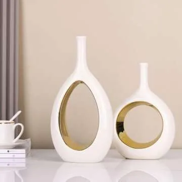 Elegant White and Gold Ceramic Vases for Home Decor