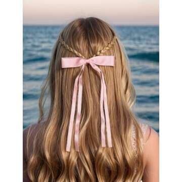 LFOUVRE Tassel Hair Bow Clips - Ribbon Barrettes and Metal Bows for Women - 6pcs Hair Accessories with Claw Clips for Girls and Teens