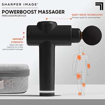 Sharper Image Powerboost Massage Gun Version 1.1 - with Attachments, Quiet Motor, Ergonomic Grip, 3-Speed Lightweight Percussion Massager, Deep Tissue Full Body Muscle Recovery & Pain Relief - Black