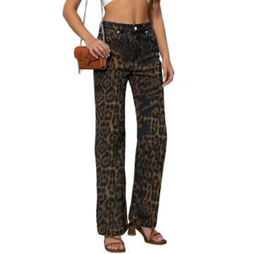 ETTELO Womens Jeans Mid Waisted Straight Leg Loose Stretchy Lightweight Tummy Control Leopard Pull O...