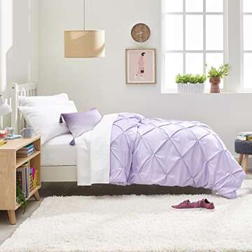 OCM Comfort Dorm Essentials Value Pack - 19 Piece Twin XL Set | Twin XL | Comforter, Sheets, Topper, Towels, Storage & More | Orla Orchid | Light Purple & Pinch Pleats