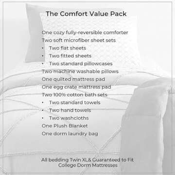OCM Comfort Dorm Essentials Value Pack - 19 Piece Twin XL Set | Twin XL | Comforter, Sheets, Topper, Towels, Storage & More | Orla Orchid | Light Purple & Pinch Pleats