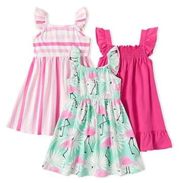 PATPAT 3 Packs Girl Toddler Dresses Sleeveless Flamingo Striped Toddler Casual Dresses 5-6 Years Mul...