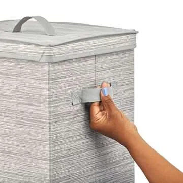 mDesign Tall Gift-Wrapping Paper Storage Box with Handles, Holder for Christmas and Holiday Organizer Container - Removable Lid for Rolls of Wrap, Inside Closet Storage Totes, Stripe, Taupe/Tan