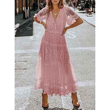 Bdcoco Women's V Neck Button Down Floral Lace Maxi Dress Casual Short Sleeve Boho Flowy Dresses Pink