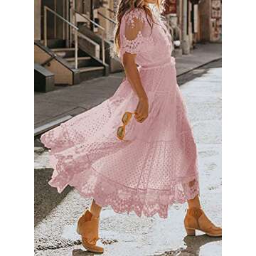 Bdcoco Women's V Neck Button Down Floral Lace Maxi Dress Casual Short Sleeve Boho Flowy Dresses Pink