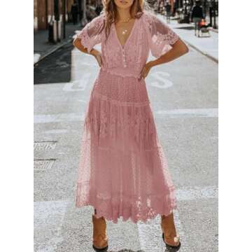 Bdcoco Women's V Neck Button Down Floral Lace Maxi Dress Casual Short Sleeve Boho Flowy Dresses Pink