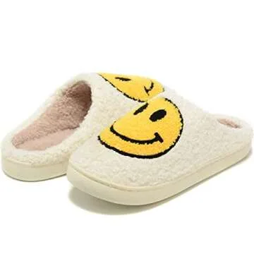 Women Men Retro Fuzzy Face Slippers Retro Soft Fluffy Warm Home Non-Slip Couple Style Casual Happy F...
