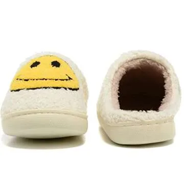 Women Men Retro Fuzzy Face Slippers Retro Soft Fluffy Warm Home Non-Slip Couple Style Casual Happy Face Slippers Soft Memory Foam Fuzzy Slides Indoor Outdoor Anti-Skid Warm Cozy Foam Slide