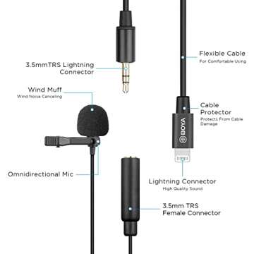BOYA by-M2 Lavalier Microphone for iPhone(19.6ft),iPhone Microphone for Video Recording MFi-Certified with Clip & Winfoam (48KHz/24 Bit) for Lightning Devices