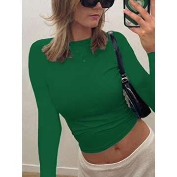 Women's Backless T-Shirts Y2K Crop Top Solid Casual Long Sleeve Sexy Vintage Cut Out 2023 Summer Fashion (Long-Sleeve-Green, Small)