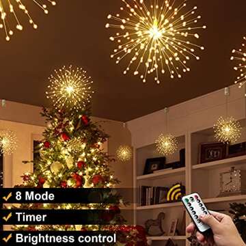 DenicMic Firework Lights 200 LED Copper Wire Starburst Light, 8 Modes Battery Operated Fairy Star Sp...