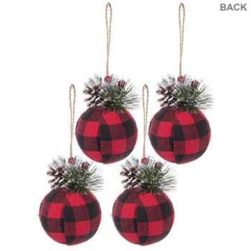 Set of 4 - Large Black & Red Buffalo Plaid Ball Ornaments with Pine Cones and Greenery 5 inch