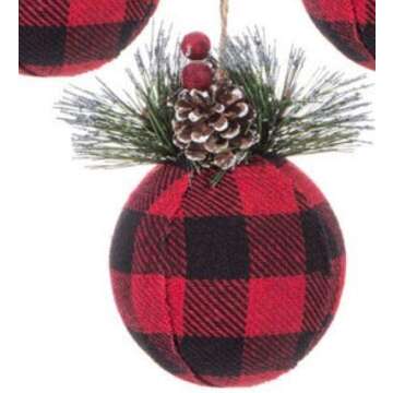 Set of 4 - Large Black & Red Buffalo Plaid Ball Ornaments with Pine Cones and Greenery 5 inch