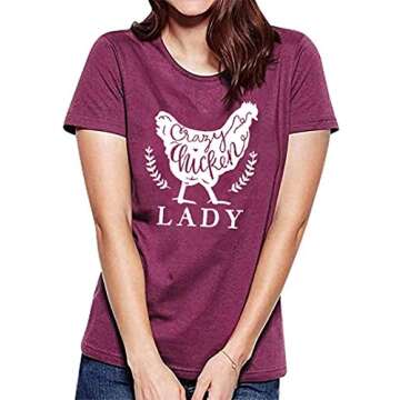 Chicken Shirts Women Cute Chicken Graphic Short Sleeves Farm Life Loose Casual Short Sleeve Tops Red
