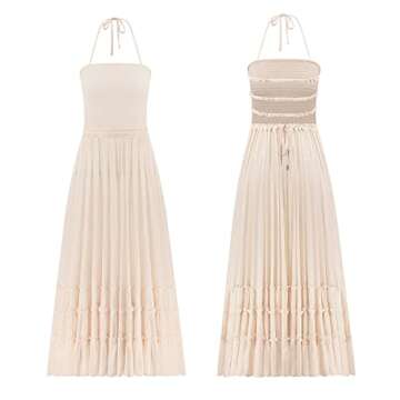 R.Vivimos Womens Summer Boho Sexy Backless Long Dresses (Medium, Beige)