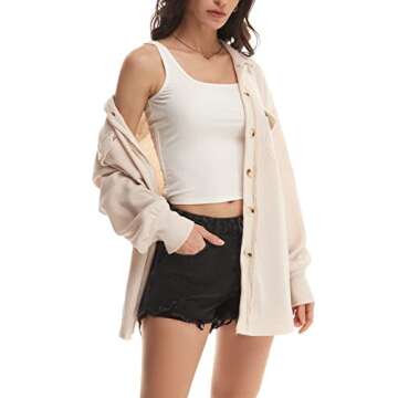 Nirovien Womens Waffle Knit Shacket Oversized Button Down Shirt Jacket Lightweight Spring Outfits Clothes(Beige,XL)