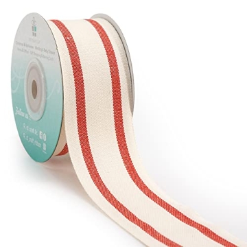 CT CRAFT LLC Ivory Cotton Red Stripes Ribbon 1.5" x 10 Yards for Home Décor Gift Present Wrapping D...