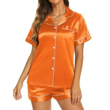 Ekouaer Pajama Sets for Women Satin Silk Pjs Short Sleeve Button Down Sleepwear 2 Piece Lounge Shorts Set,Orange,Large