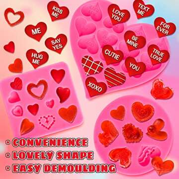 Whaline 3Pcs Valentine's Day Fondant Molds Conversation Heart Pattern 3D Silicone Mould Love You XOXO Letter Cupcake Cookie Decorating Baking Mold for Wedding Anniversary Mother's Day DIY Candy