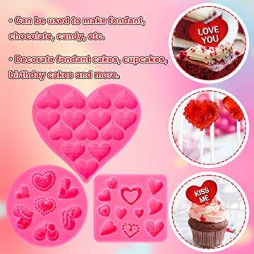 Whaline 3Pcs Valentine's Day Fondant Molds Conversation Heart Pattern 3D Silicone Mould Love You XOXO Letter Cupcake Cookie Decorating Baking Mold for Wedding Anniversary Mother's Day DIY Candy