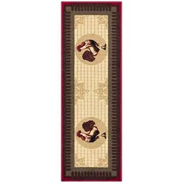 Machine Washable Rooster Design Non-Slip Rubberback 2x5 Kitchen Runner Rug for Kitchen, Hallway, Bar, 20" x 59", Beige/Red