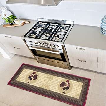 Machine Washable Rooster Design Non-Slip Rubberback 2x5 Kitchen Runner Rug for Kitchen, Hallway, Bar, 20" x 59", Beige/Red