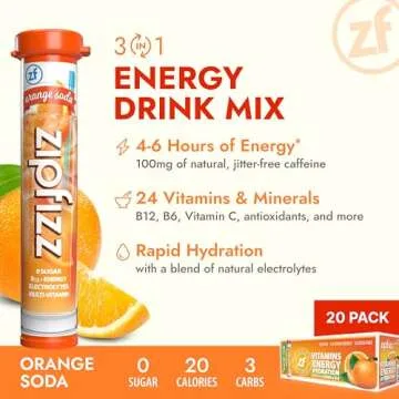 Zipfizz Daily Energy Drink Powder, Orange Soda, 20 Pack | 3-in-1 Sustained Energy, Rapid Hydration, ...