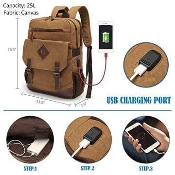 Canvas Backpack for Men Women, Vintage Rucksack Fits Most 15.6 Inch Laptop, Bookbag with USB Chargin...