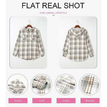 Dokotoo Womens Casual Jackets Winter Warm Thick Fleece Lined Plaid Hooded Jacket Teddy Bear Button Down Sherpa Fluffy Long Sleeve Shacket Flannel Shirts Cute Fall Coat Outwear with Pockets Gray Small