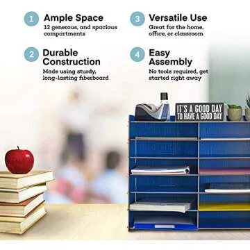 Adir Wood Paper Storage Organizer - Construction Paper Storage - Vertical File Mail Sorter - A Stylish Look for Home, Office, Classroom and More - Blue (12 Compartment)