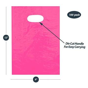 9x12 Hot Pink Die Cut Handle Plastic Shopping Bags 100/cs