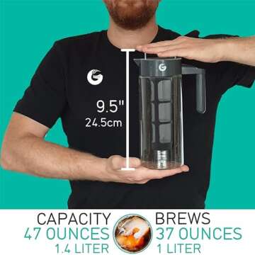 Coffee Gator Cold Brew Coffee Maker - 47 oz Iced Tea and Cold Brew Maker and Pitcher w/Glass Carafe,...
