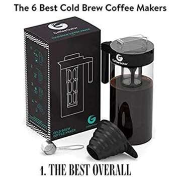 Coffee Gator Cold Brew Coffee Maker - 47 oz Iced Tea and Cold Brew Maker and Pitcher w/Glass Carafe, Filter, Funnel & Measuring Scoop - Black