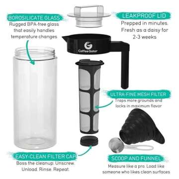 Coffee Gator Cold Brew Coffee Maker - 47 oz Iced Tea and Cold Brew Maker and Pitcher w/Glass Carafe, Filter, Funnel & Measuring Scoop - Black