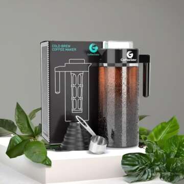 Coffee Gator Cold Brew Coffee Maker - 47 oz Iced Tea and Cold Brew Maker and Pitcher w/Glass Carafe, Filter, Funnel & Measuring Scoop - Black