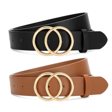 SANSTHS 2 Pack Women Leather Belts Faux Leather Jeans Belt with Double O Ring Buckle Black Brown S