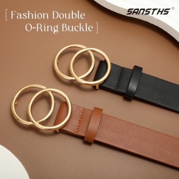 SANSTHS 2 Pack Women Leather Belts Faux Leather Jeans Belt with Double O Ring Buckle Black Brown S