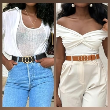 SANSTHS 2 Pack Women Leather Belts Faux Leather Jeans Belt with Double O Ring Buckle Black Brown S