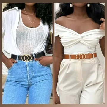 SANSTHS 2 Pack Women Leather Belts Faux Leather Jeans Belt with Double O Ring Buckle Black Brown S