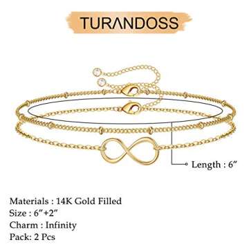 Dainty Infinity Layered Bracelets for Women, 14K Gold Filled Cute Layering Infinity Bracelet Cute Go...