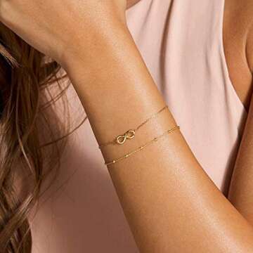 Dainty Infinity Layered Bracelets for Women, 14K Gold Filled Cute Layering Infinity Bracelet Cute Gold Layered Infinity Bracelets Gifts for Women Jewelry(Infinity & Bead Chain)