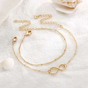 Dainty Infinity Layered Bracelets for Women, 14K Gold Filled Cute Layering Infinity Bracelet Cute Gold Layered Infinity Bracelets Gifts for Women Jewelry(Infinity & Bead Chain)